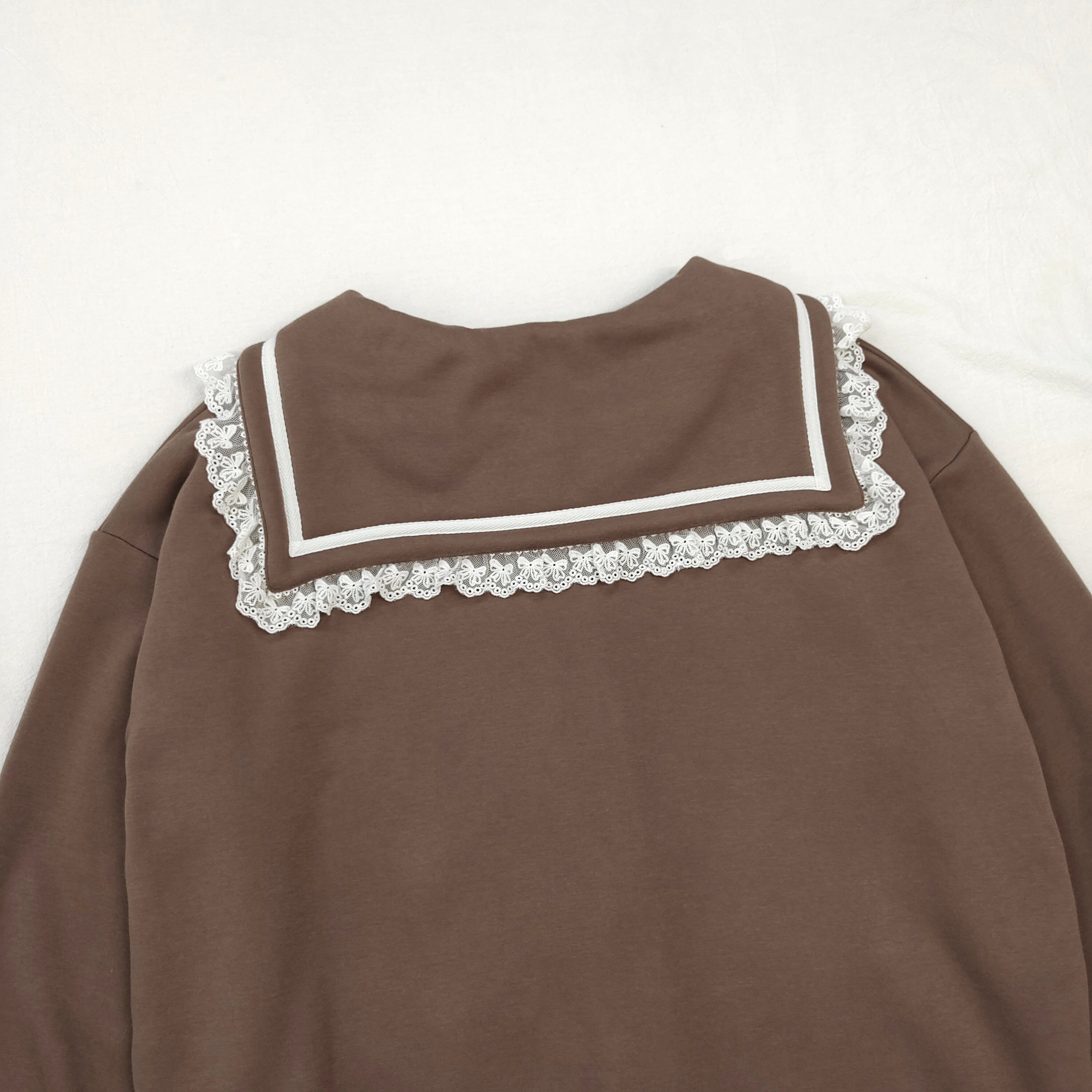 Kawaii Lace Collar Button Cardigan Soft Brown Sailor Knit Jacket with Front Pockets